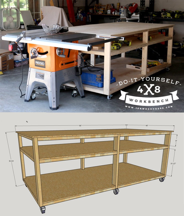 How to build a DIY workbench and table saw out-feed table. Build this for about $100! Free plans and tutorial. #diy #howto #workbench #tutorial