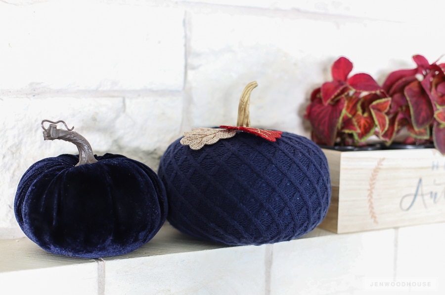 Decorate for Fall with unexpected navy velvet pumpkins
