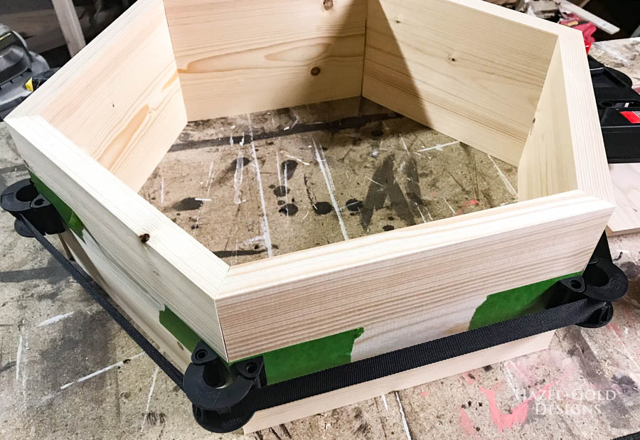 DIY Hexagon Shelf for Craft Storage- Use a strap clamp after gluing