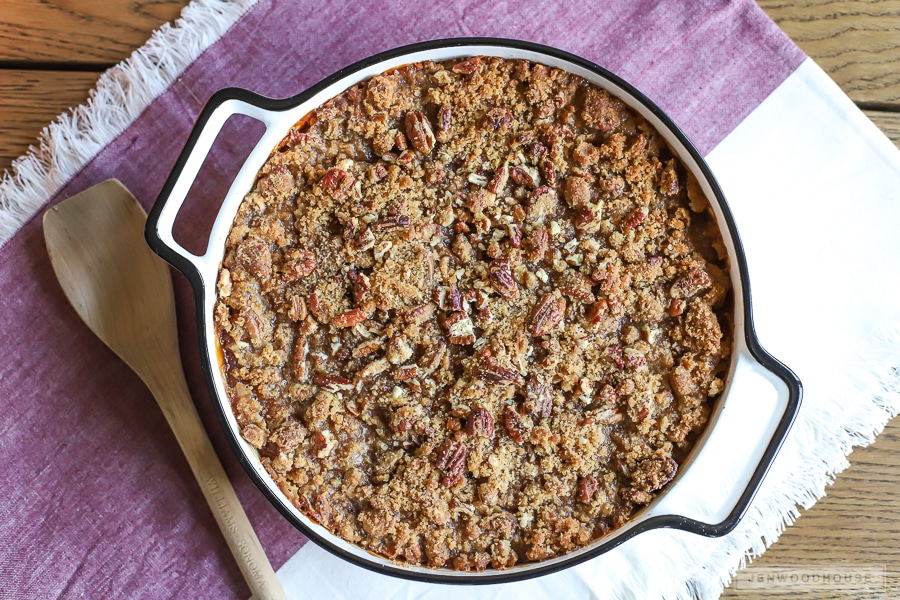 The BEST sweet potato casserole recipe with crumbly, pecan crust!