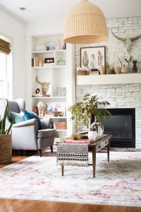eclectic living room decor and styled coffee table