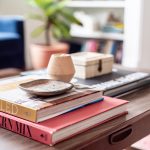 stacked books on mid century coffee table