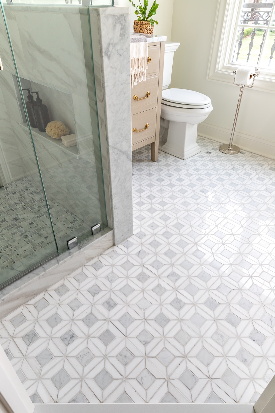 Marble mosaic tile in small bathroom