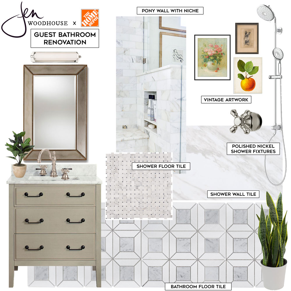 Small guest bathroom renovation design board - marble mosaic tile, large format tile, warm wood vanity, polished nickel finishes, and vintage accents